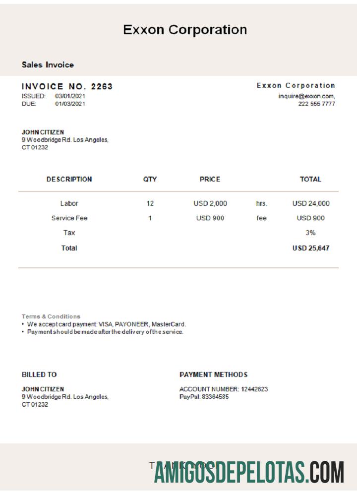 Fatura da Exxon Corporation dos EUA exemplo real